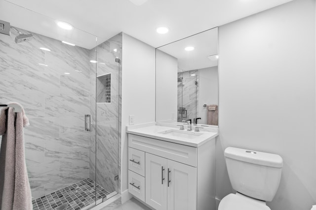 6 Stratford Dr E Unit D, Boynton Beach, FL 33436 - bathroom featuring marble finish flooring, toilet, recessed lighting, a marble finish shower, and vanity
