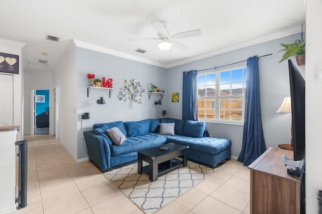 2879 Crestwood Ter Unit 1202, Margate, FL 33063 - living room with a ceiling fan, light tile patterned flooring, a textured ceiling, ornamental molding, and baseboards