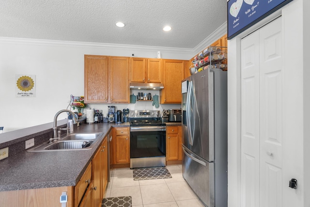 2879 Crestwood Ter Unit 1202, Margate, FL 33063 - kitchen with appliances with stainless steel finishes, a sink, dark countertops, a peninsula, and ornamental molding