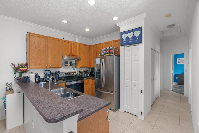 2879 Crestwood Ter Unit 1202, Margate, FL 33063 - kitchen with appliances with stainless steel finishes, under cabinet range hood, dark countertops, a peninsula, and a sink