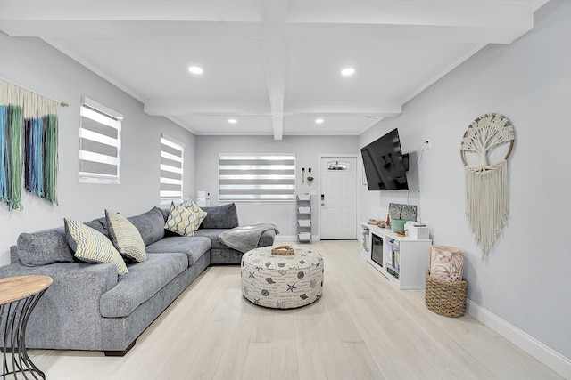 1511 S Palmway, Lake Worth Beach, FL 33460 - living room with beam ceiling, light wood-style floors, recessed lighting, and baseboards
