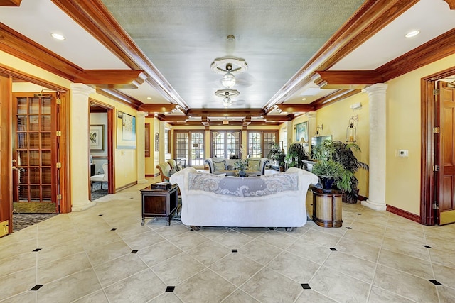 15035 Michelangelo Blvd Unit 106, Delray Beach, FL 33446 - living room with decorative columns, ornamental molding, light tile patterned flooring, beamed ceiling, and baseboards