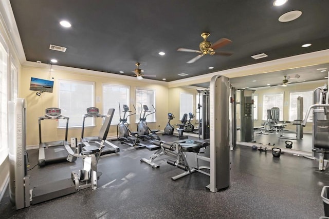 15035 Michelangelo Blvd Unit 106, Delray Beach, FL 33446 - workout area with ornamental molding, a ceiling fan, plenty of natural light, and recessed lighting