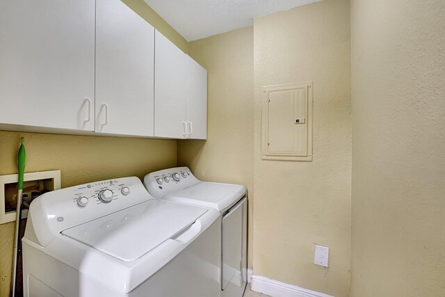 15035 Michelangelo Blvd Unit 106, Delray Beach, FL 33446 - laundry room with electric panel, cabinet space, separate washer and dryer, and baseboards