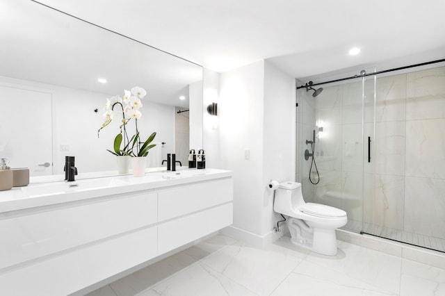 2780 S Ocean Blvd Unit 311, Palm Beach, FL 33480 - full bath featuring toilet, a stall shower, recessed lighting, marble finish flooring, and double vanity