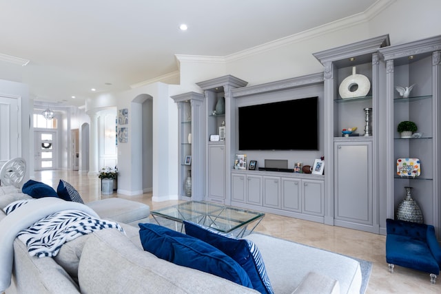 157 Esperanza Way, Palm Beach Gardens, FL 33418 - living area featuring decorative columns, ornamental molding, built in shelves, arched walkways, and recessed lighting