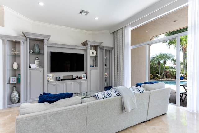 157 Esperanza Way, Palm Beach Gardens, FL 33418 - living room with crown molding, recessed lighting, and built in shelves