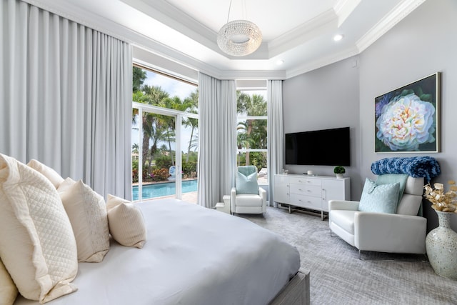 157 Esperanza Way, Palm Beach Gardens, FL 33418 - bedroom with ornamental molding, access to outside, recessed lighting, and a tray ceiling
