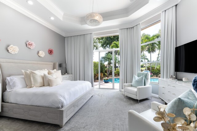 157 Esperanza Way, Palm Beach Gardens, FL 33418 - bedroom featuring crown molding, access to exterior, recessed lighting, carpet, and a tray ceiling