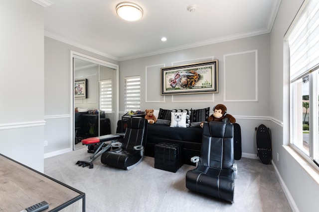 157 Esperanza Way, Palm Beach Gardens, FL 33418 - sitting room featuring carpet floors, ornamental molding, and baseboards