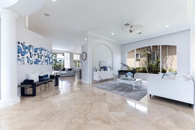 157 Esperanza Way, Palm Beach Gardens, FL 33418 - living room with decorative columns, recessed lighting, marble tiled flooring, ornamental molding, and baseboards