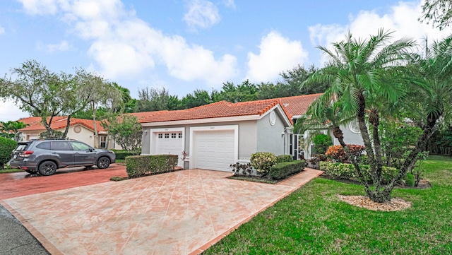 7043 Summer Tree Dr, Boynton Beach, FL 33437 - mediterranean / spanish home with a tiled roof, an attached garage, decorative driveway, stucco siding, and a front yard