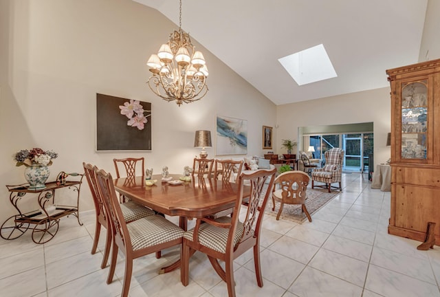 7043 Summer Tree Dr, Boynton Beach, FL 33437 - dining room with high vaulted ceiling, a skylight, a chandelier, and light tile patterned floors