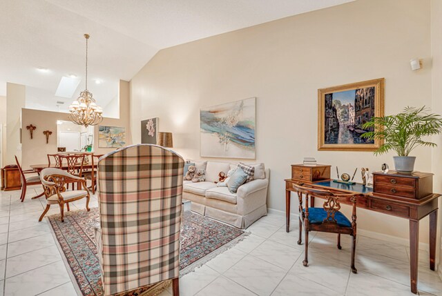 7043 Summer Tree Dr, Boynton Beach, FL 33437 - living area featuring light marble finish flooring, a chandelier, and vaulted ceiling