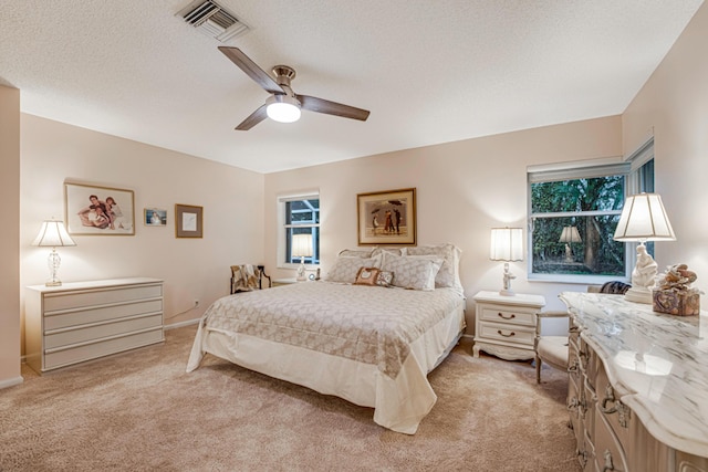 7043 Summer Tree Dr, Boynton Beach, FL 33437 - bedroom featuring light colored carpet, multiple windows, a ceiling fan, a textured ceiling, and baseboards