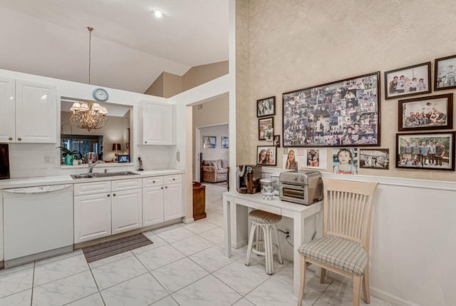 7043 Summer Tree Dr, Boynton Beach, FL 33437 - kitchen with dishwasher, a sink, lofted ceiling, a chandelier, and light countertops