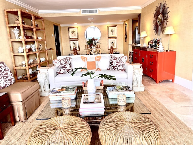 1200 S Flagler Dr Unit 1402, West Palm Beach, FL 33401 - living area featuring ornamental molding, baseboards, and stone tile floors
