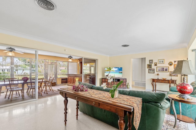 1101 SE 7th Ct, Deerfield Beach, FL 33441 - living area featuring a ceiling fan and speckle patterned floor