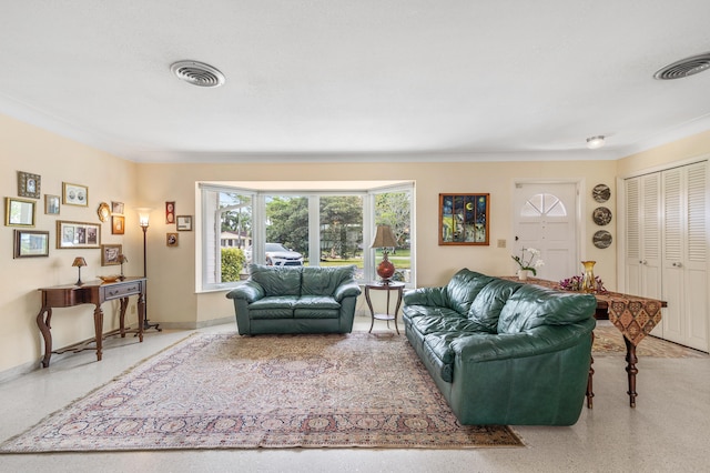 1101 SE 7th Ct, Deerfield Beach, FL 33441 - living room with speckled floor, baseboards, and ornamental molding