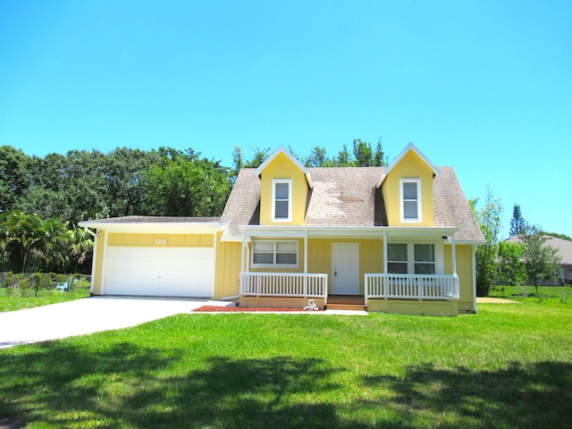 5310 Palm Dr, Fort Pierce, FL 34982 - new england style home with a garage, covered porch, a front yard, roof with shingles, and concrete driveway