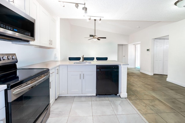 kitchen with stainless steel appliances, a sink, lofted ceiling, a ceiling fan, and light countertops