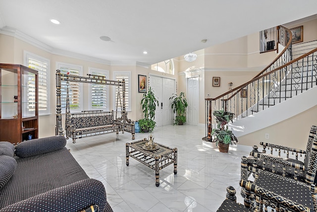 9606 Shepard Pl, Wellington, FL 33414 - living area featuring ornamental molding, stairs, healthy amount of natural light, marble tiled flooring, and recessed lighting