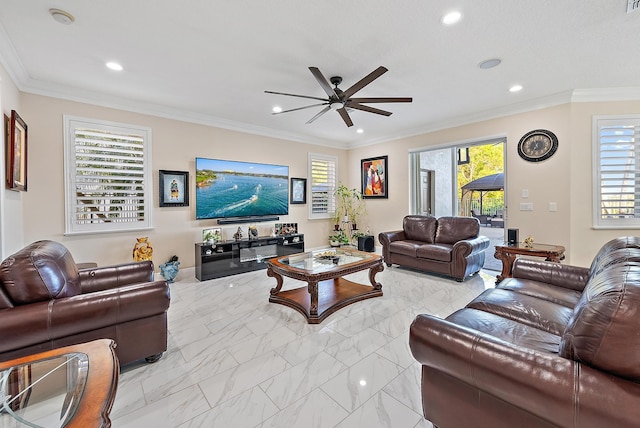 9606 Shepard Pl, Wellington, FL 33414 - living room with ceiling fan, recessed lighting, marble finish flooring, and ornamental molding