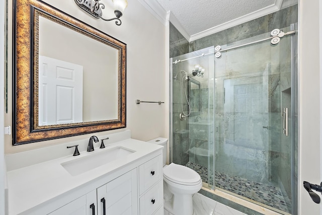 9606 Shepard Pl, Wellington, FL 33414 - bathroom with crown molding, toilet, a textured ceiling, vanity, and a shower stall