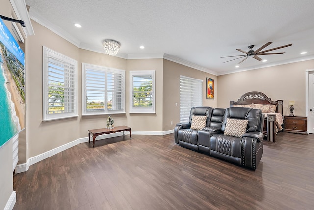 9606 Shepard Pl, Wellington, FL 33414 - bedroom with dark wood finished floors, recessed lighting, baseboards, a textured ceiling, and crown molding