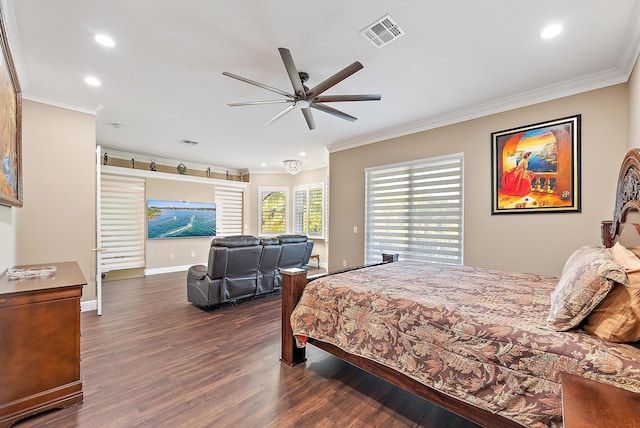 9606 Shepard Pl, Wellington, FL 33414 - bedroom with ornamental molding, wood finished floors, recessed lighting, baseboards, and a ceiling fan