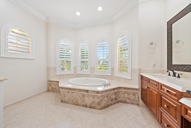 9606 Shepard Pl, Wellington, FL 33414 - bathroom with a bath, vanity, healthy amount of natural light, tile patterned floors, and crown molding