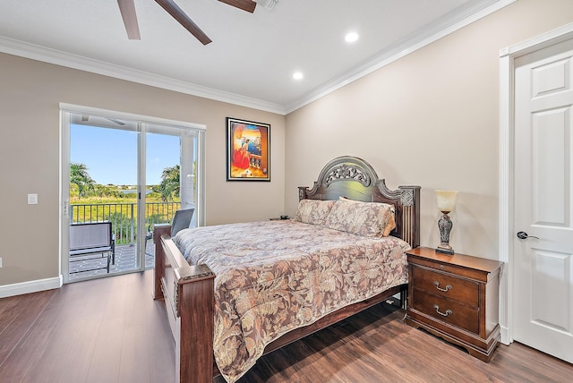 9606 Shepard Pl, Wellington, FL 33414 - bedroom featuring access to exterior, crown molding, dark wood-style flooring, recessed lighting, and baseboards