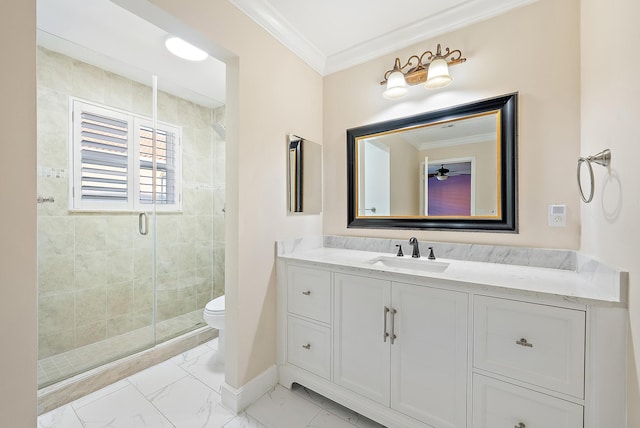 9606 Shepard Pl, Wellington, FL 33414 - full bathroom featuring a shower stall, crown molding, vanity, toilet, and marble finish floors