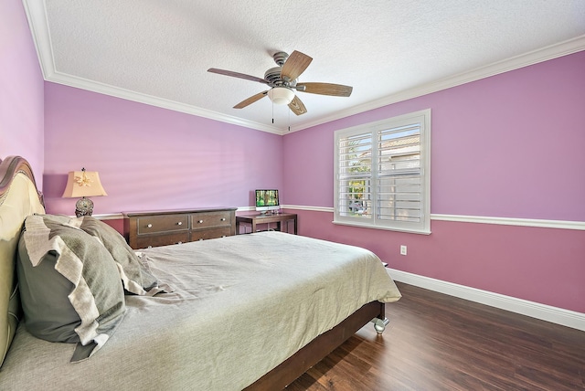 9606 Shepard Pl, Wellington, FL 33414 - bedroom featuring baseboards, wood finished floors, a textured ceiling, ornamental molding, and a ceiling fan