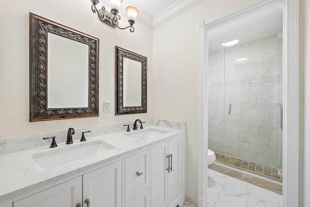 9606 Shepard Pl, Wellington, FL 33414 - bathroom with marble look tiles, toilet, double vanity, a stall shower, and crown molding