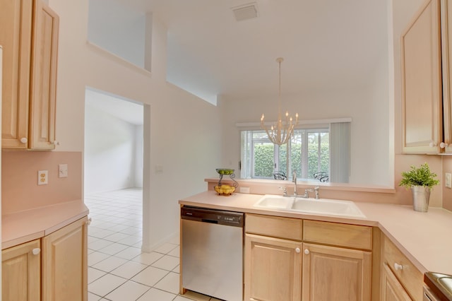 17215 Boca Club Blvd Unit 2, Boca Raton, FL 33487 - kitchen featuring stainless steel dishwasher, light tile patterned floors, light brown cabinetry, a chandelier, and light countertops