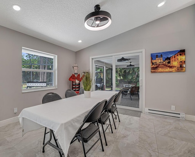 11849 59th St N, Royal Palm Beach, FL 33411 - dining room featuring baseboard heating, a textured ceiling, lofted ceiling, light marble finish flooring, and recessed lighting