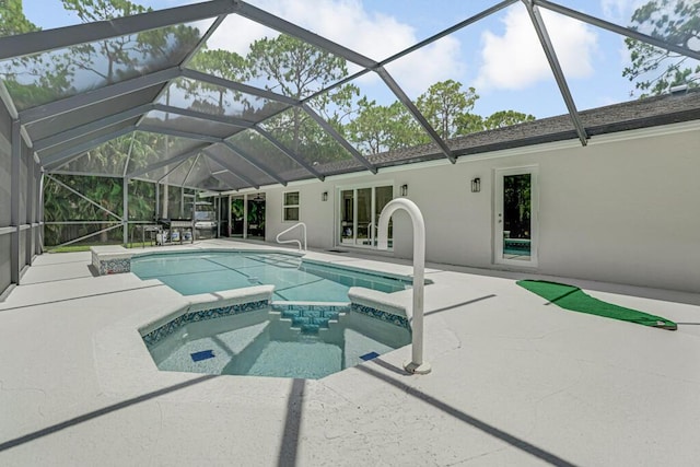 11849 59th St N, Royal Palm Beach, FL 33411 - view of swimming pool featuring a patio area, a pool with connected hot tub, and glass enclosure