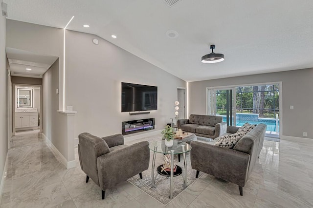 11849 59th St N, Royal Palm Beach, FL 33411 - living area with light marble finish floors, lofted ceiling, baseboards, and recessed lighting