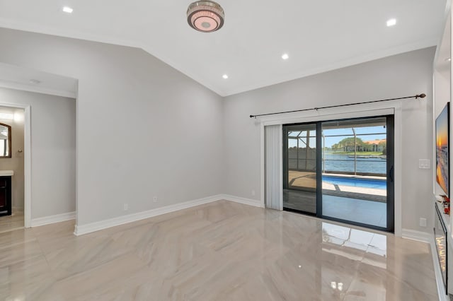 3 Independence Ct, Deerfield Beach, FL 33442 - unfurnished room featuring vaulted ceiling, baseboards, a water view, crown molding, and recessed lighting