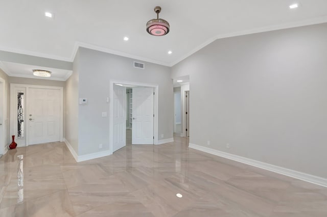 3 Independence Ct, Deerfield Beach, FL 33442 - spare room featuring ornamental molding, baseboards, lofted ceiling, and recessed lighting