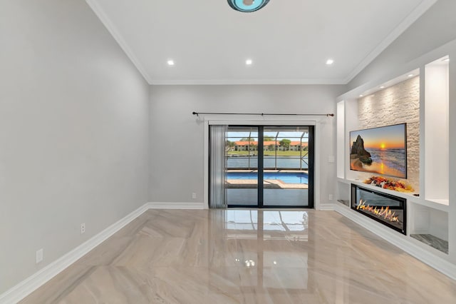 3 Independence Ct, Deerfield Beach, FL 33442 - empty room featuring crown molding, a glass covered fireplace, baseboards, recessed lighting, and marble finish floors