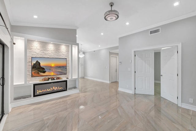 3 Independence Ct, Deerfield Beach, FL 33442 - unfurnished living room featuring crown molding, recessed lighting, a glass covered fireplace, baseboards, and light marble finish flooring