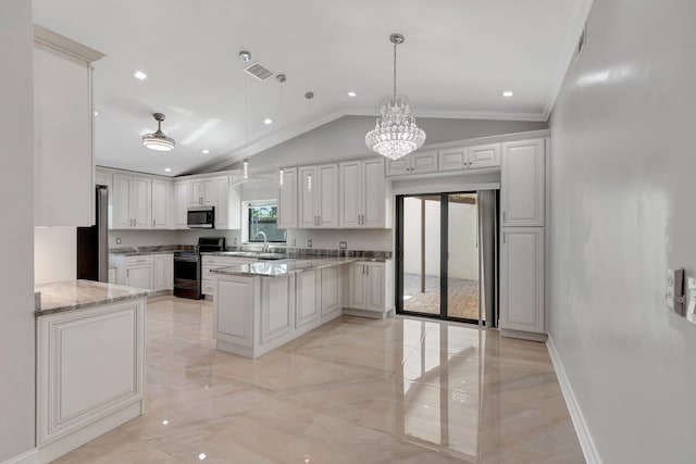 3 Independence Ct, Deerfield Beach, FL 33442 - kitchen featuring stainless steel appliances, lofted ceiling, a chandelier, light marble finish floors, and light stone counters