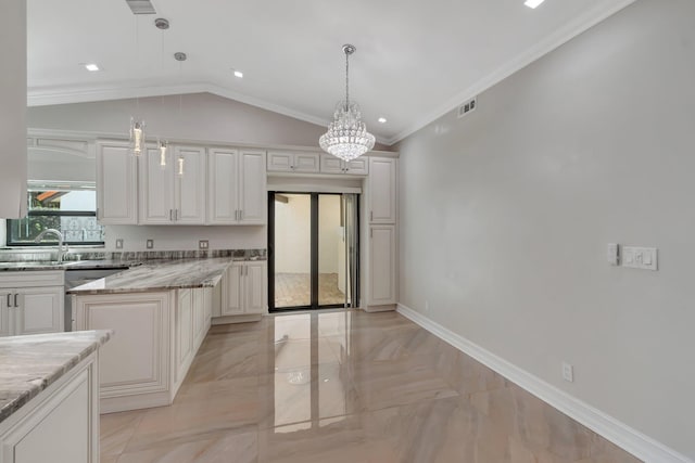 3 Independence Ct, Deerfield Beach, FL 33442 - kitchen featuring light marble finish floors, a chandelier, a sink, light stone counters, and crown molding