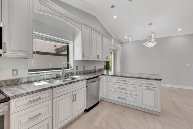 3 Independence Ct, Deerfield Beach, FL 33442 - kitchen with dishwasher, a sink, a peninsula, white cabinetry, and crown molding