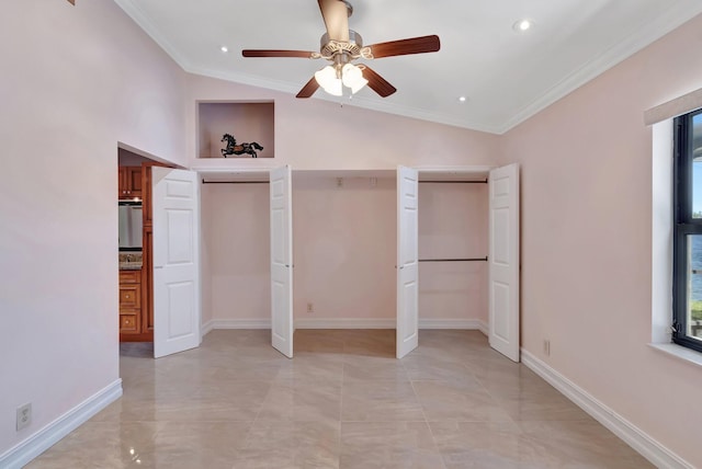 3 Independence Ct, Deerfield Beach, FL 33442 - unfurnished bedroom featuring multiple windows, two closets, vaulted ceiling, crown molding, and recessed lighting