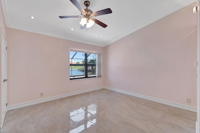 3 Independence Ct, Deerfield Beach, FL 33442 - empty room with crown molding, a ceiling fan, baseboards, recessed lighting, and light tile patterned flooring