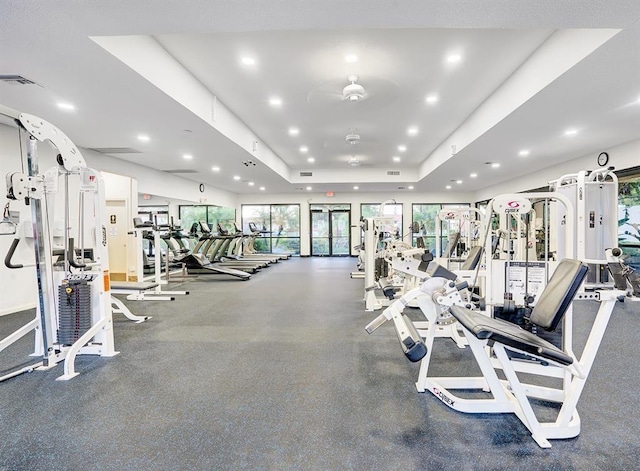 3 Independence Ct, Deerfield Beach, FL 33442 - exercise room with a tray ceiling and recessed lighting