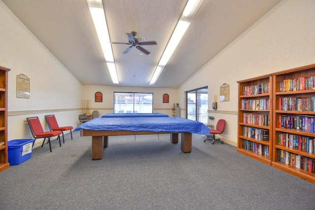 14814 Wildflower Ln, Delray Beach, FL 33446 - playroom featuring vaulted ceiling, ceiling fan, carpet, and billiards table